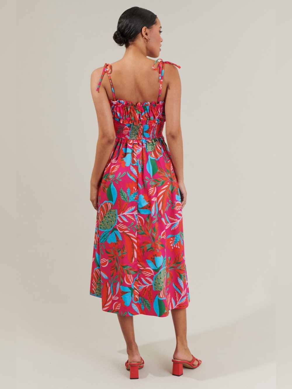 NWT Sugarlips Cactus Blossom Smocked Waist Tie Strap Poplin Midi Dress - Picture 3 of 4